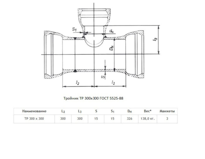 Тройник ТР Ду 300х300 ВЧШГ ГОСТ 5525-88 чугунный раструбный
