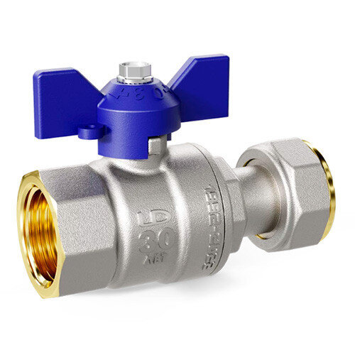 Кран шаровой латунный LD Pride 47.20.В-НкГк.Б Ду 20 Ру 40 резьба (ВР-ВР) 3/4", никелированный с синей бабочкой, неполнопроходный