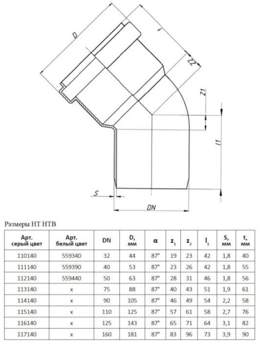 Отвод канализационный PP-H Ostendorf HT HTB DN 110х87° цвет серый