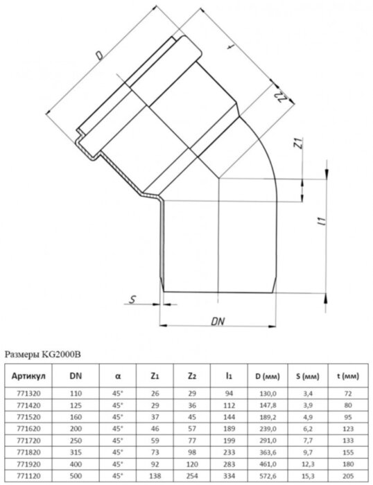 Отвод канализационный PP-MD Ostendorf KG2000B DN 125х45° усиленный