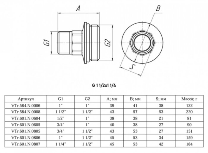 Ниппель переходной VALTEC VTr.601 ВР 1 1/2"х1 1/4" DN 40x32 PN 16 коллекторный латунный