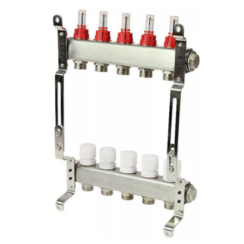 Коллекторная группа из нержавеющей стали Aquasfera 9503 DN 20/25 PN 6 резьба - 1"х3/4"х10, под евроконус с расходомерами, без дренажного крана, резьбовая ВР-НР, 9503-09