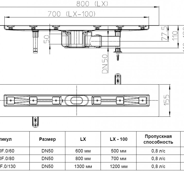 Плоский душевой лоток HL50F.0/80 DN50 L=800мм Min.высота=110мм, горизонтальный выпуск, без решетки 2