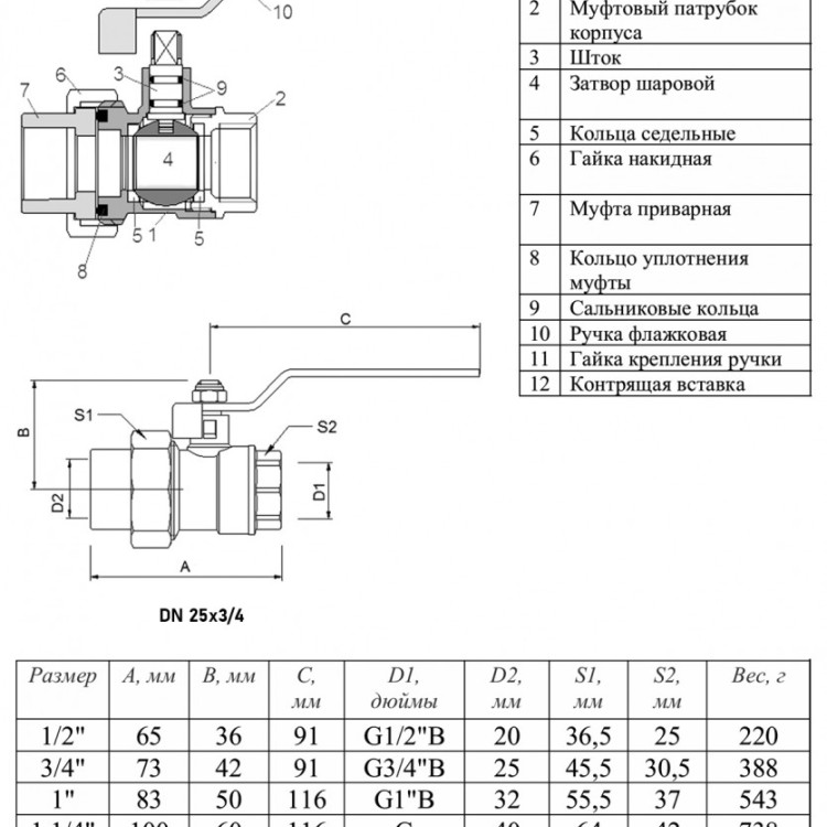 Кран шаровый VALTEC VTp.742 ВР 3/4" DN 25x20 PN 25 переходной латунный 2