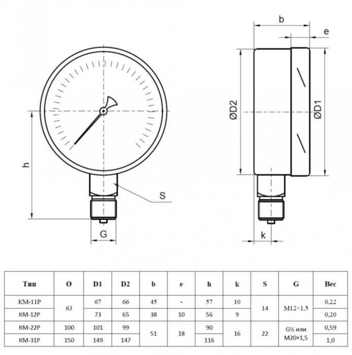 Манометр РОСМА КМ-22Р (0...25 кПа) Дкорп=100мм кл. 1,5 G1/2" для низких давлений газов радиальный 00000002244