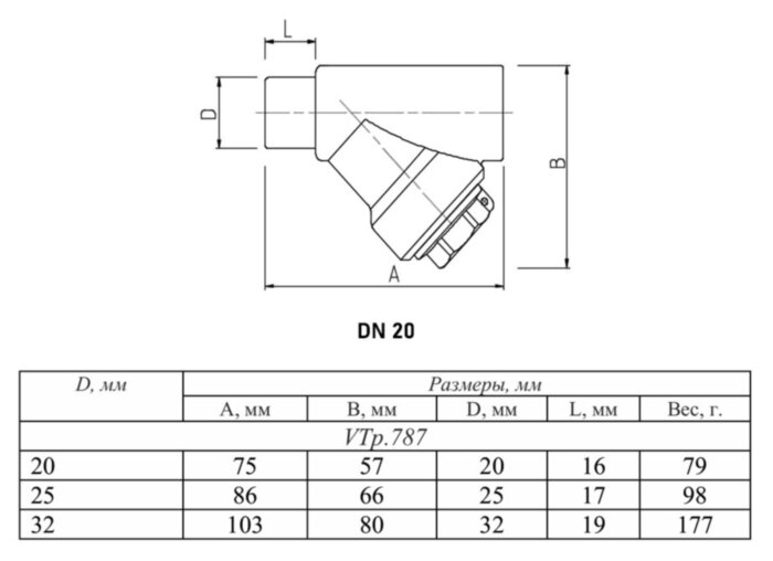 Фильтр сетчатый VALTEC VTp.787 DN 20 PN 25 внутреннее-наружное полипропиленовый
