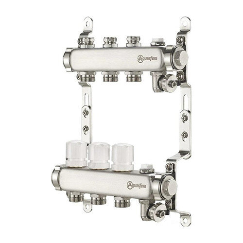 Коллекторная группа из нержавеющей стали Aquasfera 9502 DN 20/25 PN 10 резьба - 1"х3/4"х9, под евроконус с регулирующими балансировочными клапанами, с дренажным краном, резьбовая ВР-НР, 9502-08