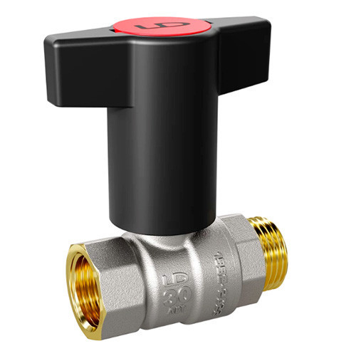 Кран шаровой латунный LD Pride 47.15.В-Н.ТР Ду 15 Ру 40 резьба (ВР-НР) 1/2", никелированный с красной пластиковой рукояткой, неполнопроходный 1