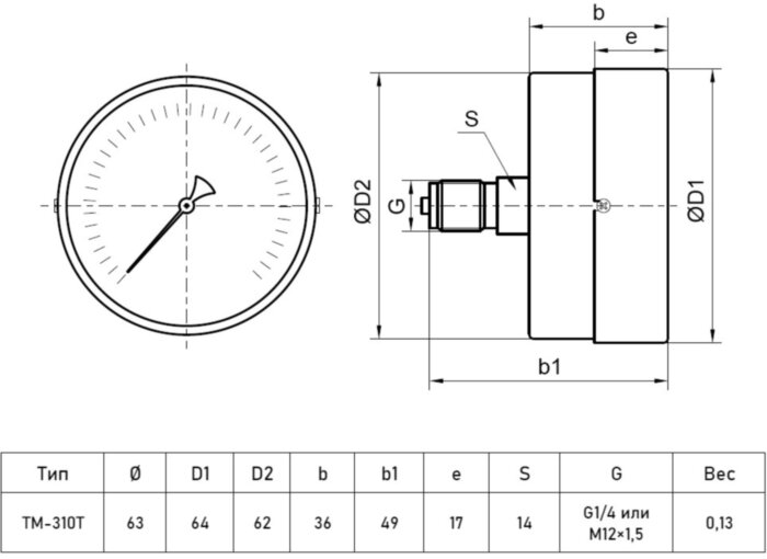 Манометр РОСМА ТМ-310Т.00 (0...0,6 МПа) Дкорп=63мм кл. 1,5 G1/4" общетехнический с повышенным кл.т. осевой 00000006791