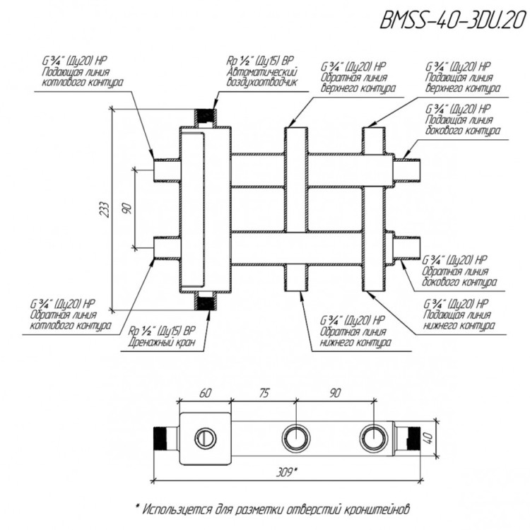 Коллектор распределительный GIDRUSS BMSS-40-3DU 3-х контурный НР 3/4" Ду 20 Ру 6 балансировочный 2