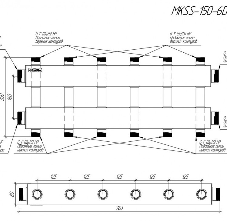 Коллектор распределительный GIDRUSS MKSS-150-6DUx25 7-ми контурный НР 1 1/2"x1" Ду 40 Ру 6 модульный 2