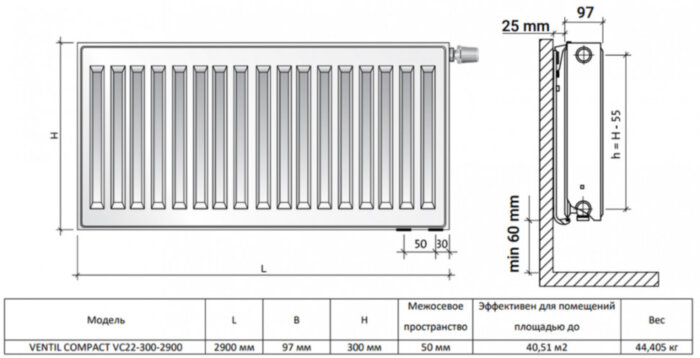Радиатор панельный Royal Thermo VENTIL COMPACT VC22-300-2900 RAL9016
