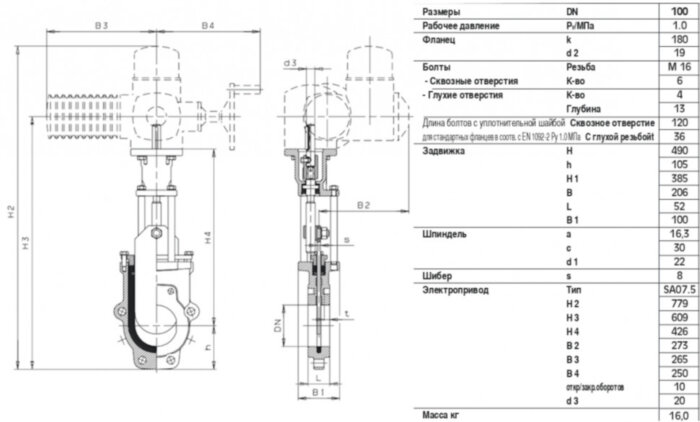 Задвижка HAWLE 3600EL DN 100 PN 10 шиберная ножевая гильотинного типа с адаптером для электропривода AUMA
