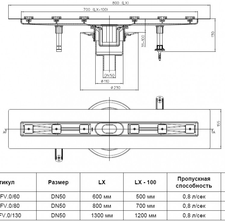 Плоский душевой лоток HL50FV.0/80 DN50 L=800мм Min.высота=31мм, вертикальный выпуск, без решетки 2