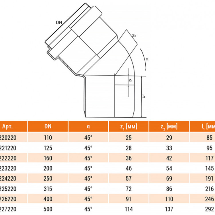 Отвод НПВХ Ostendorf KG KGB DN 125 PN 0,5 45 градусов 2