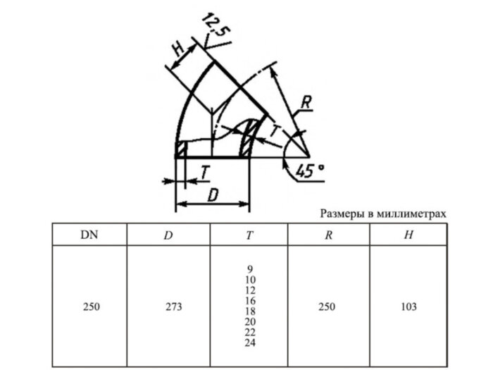 Отвод 45-273х20,0-12Х18Н10Т ГОСТ 30753-2001 стальной бесшовный крутоизгогнутый