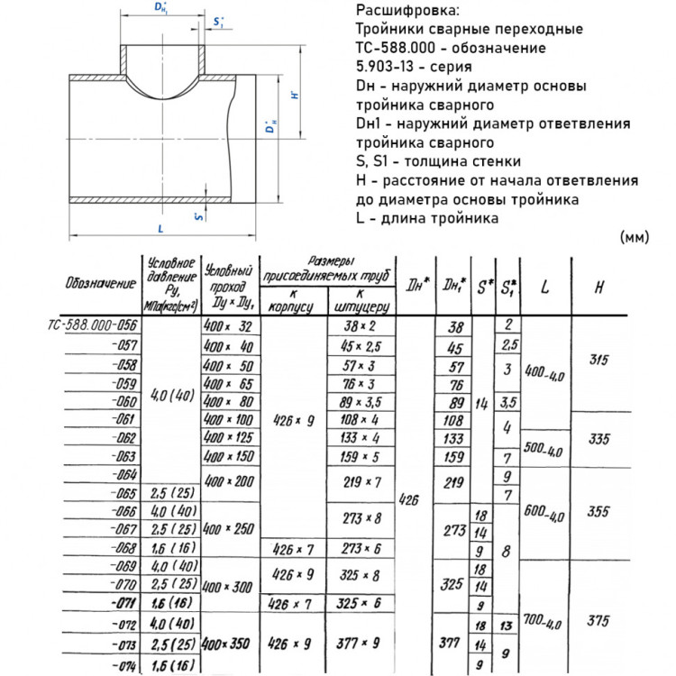 Тройник стальной 426x7-325х6 1,6 ТС-588.000 серия 5.903-13 переходный сварной 2