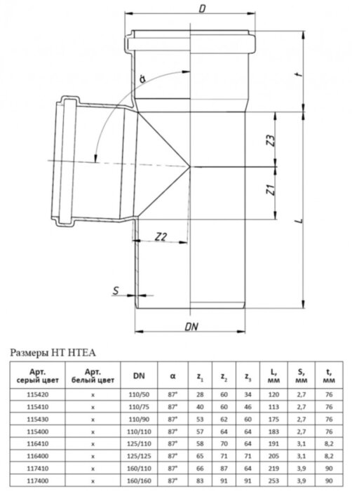 Тройник канализационный PP-H Ostendorf HT HTEA DN 110/75х87° цвет серый