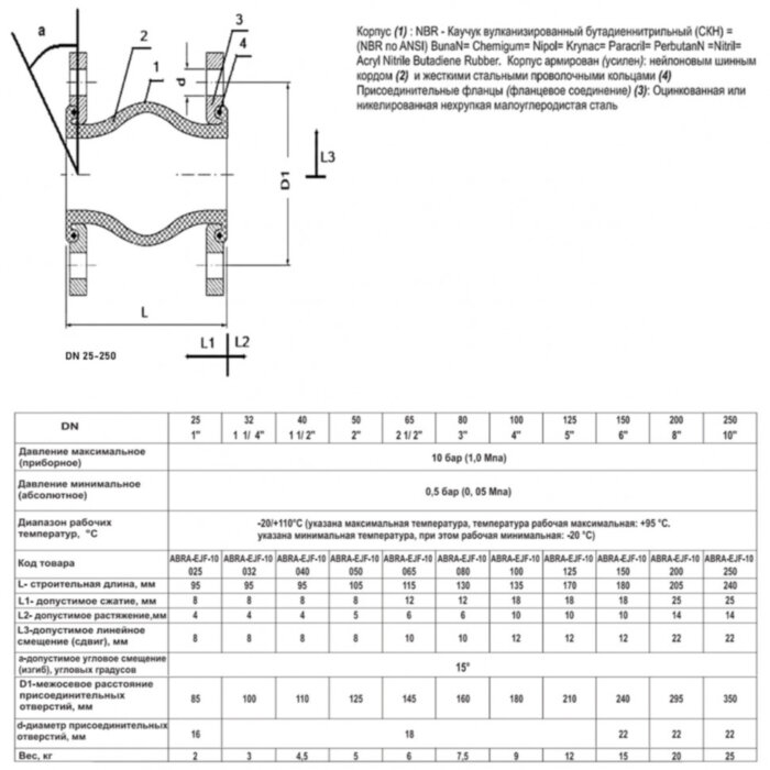 Гибкая вставка ABRA EJF-10 DN 40 PN 10 антивибрационная фланцевая
