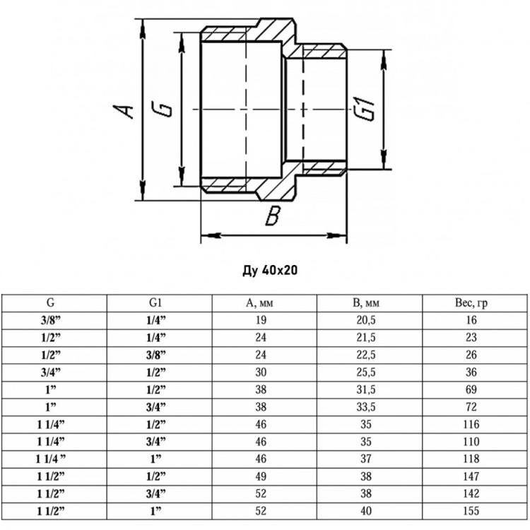 Ниппель переходной VALFEX VF.580 НР 1 1/2"x3/4" Ду 40x20 Ру 40 латунный 2
