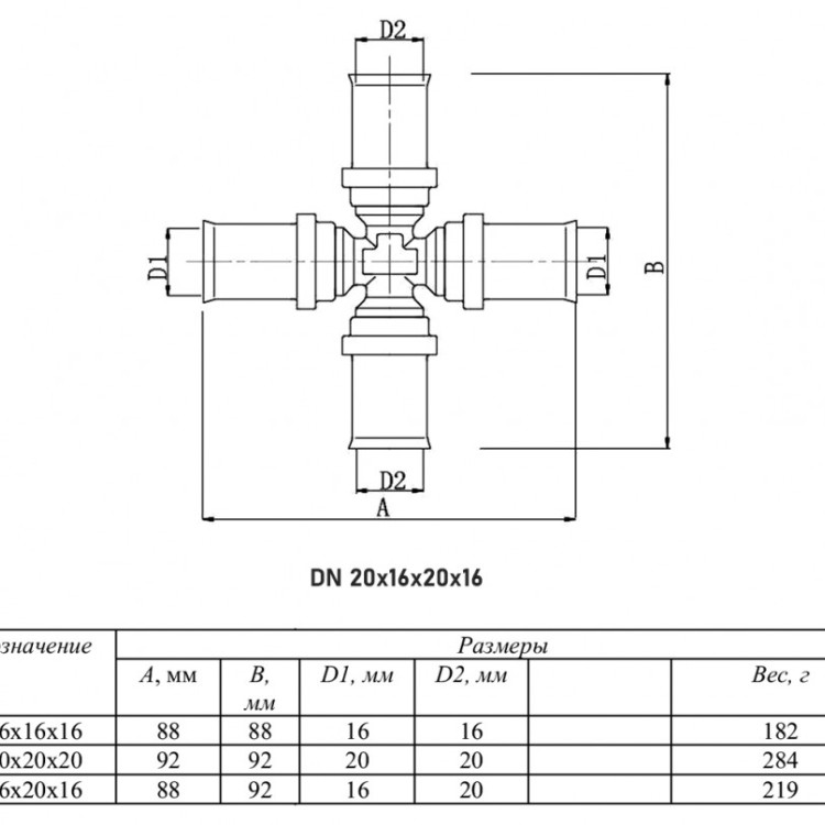 Крестовина VALTEC VTm.241 DN 20x16x20x16 PN 10 латунная никелированная 2