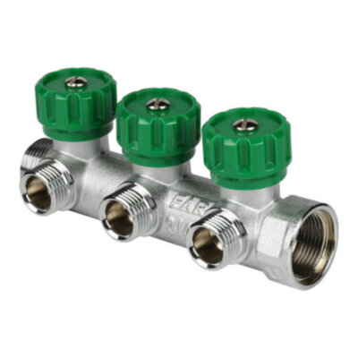 Коллектор распределительный FAR FK 3822 3 отвода ВР-НР 3/4"х1/2" DN 20 PN 16 с регулирующими клапанами плоское уплотнение