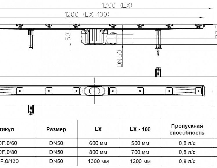 Плоский душевой лоток HL50F.0/130 DN50 L=1300мм Min.высота=110мм, горизонтальный выпуск, без решетки 2
