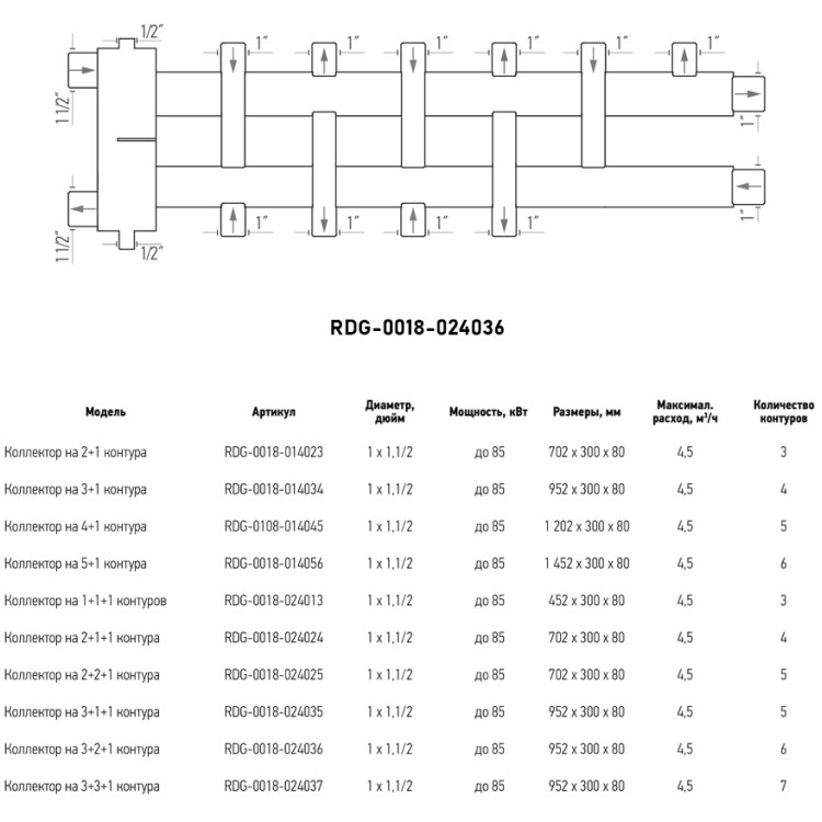 Коллектор распределительный ROMMER RDG-0018-024036 6-ти контурный НР 1"x1 1/2" Ду 40 Ру 4 дублёр компакт с гидравлическим разделителем 3