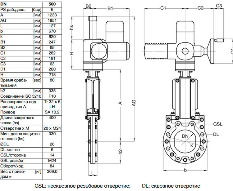 Задвижка шиберная ножевая VAG ZETA DN 500 PN 10 с электроприводом AUMA SA10.2 2