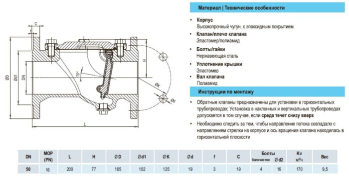 Клапан обратный HAWLE 9831 DN 50 PN 16 фланцевый